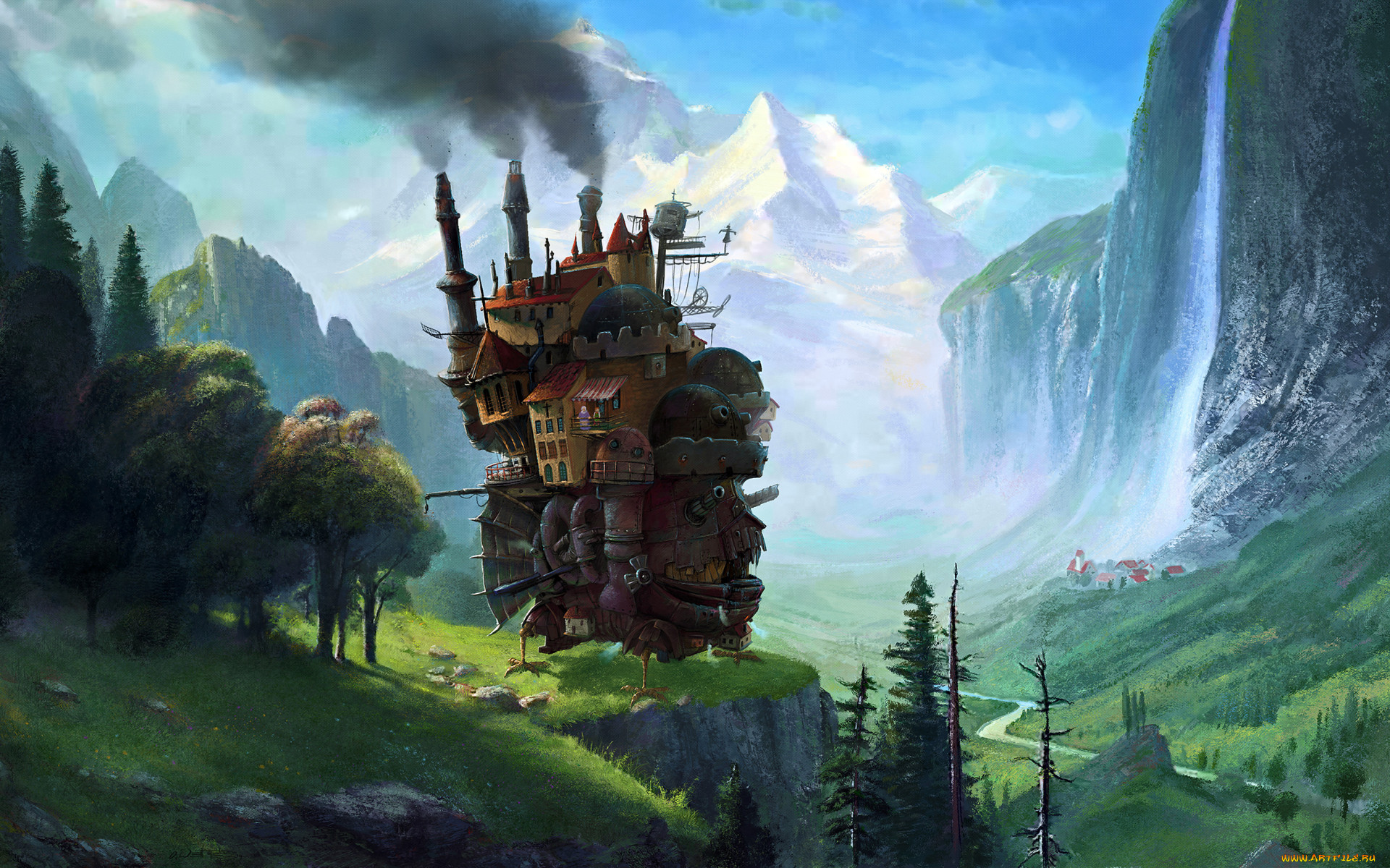 Обои Аниме Howl`s Moving Castle, обои для рабочего стола, фотографии аниме,  howl`s moving castle, горы, мир, иной, обрыв, сказочный, дом, ущелье Обои  для рабочего стола, скачать обои картинки заставки на рабочий стол.